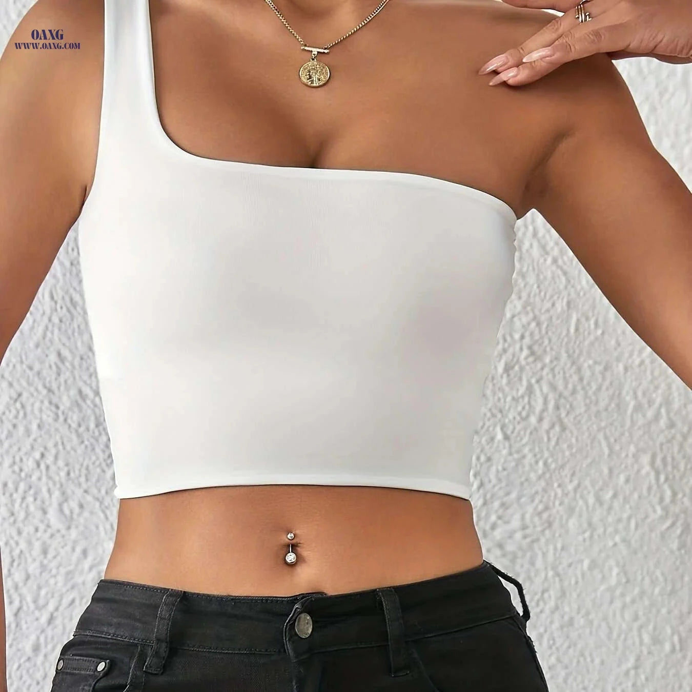 Solid One Shoulder Crop Tank Top - Sexy Backless Design for Women   OAXG Black / XS
