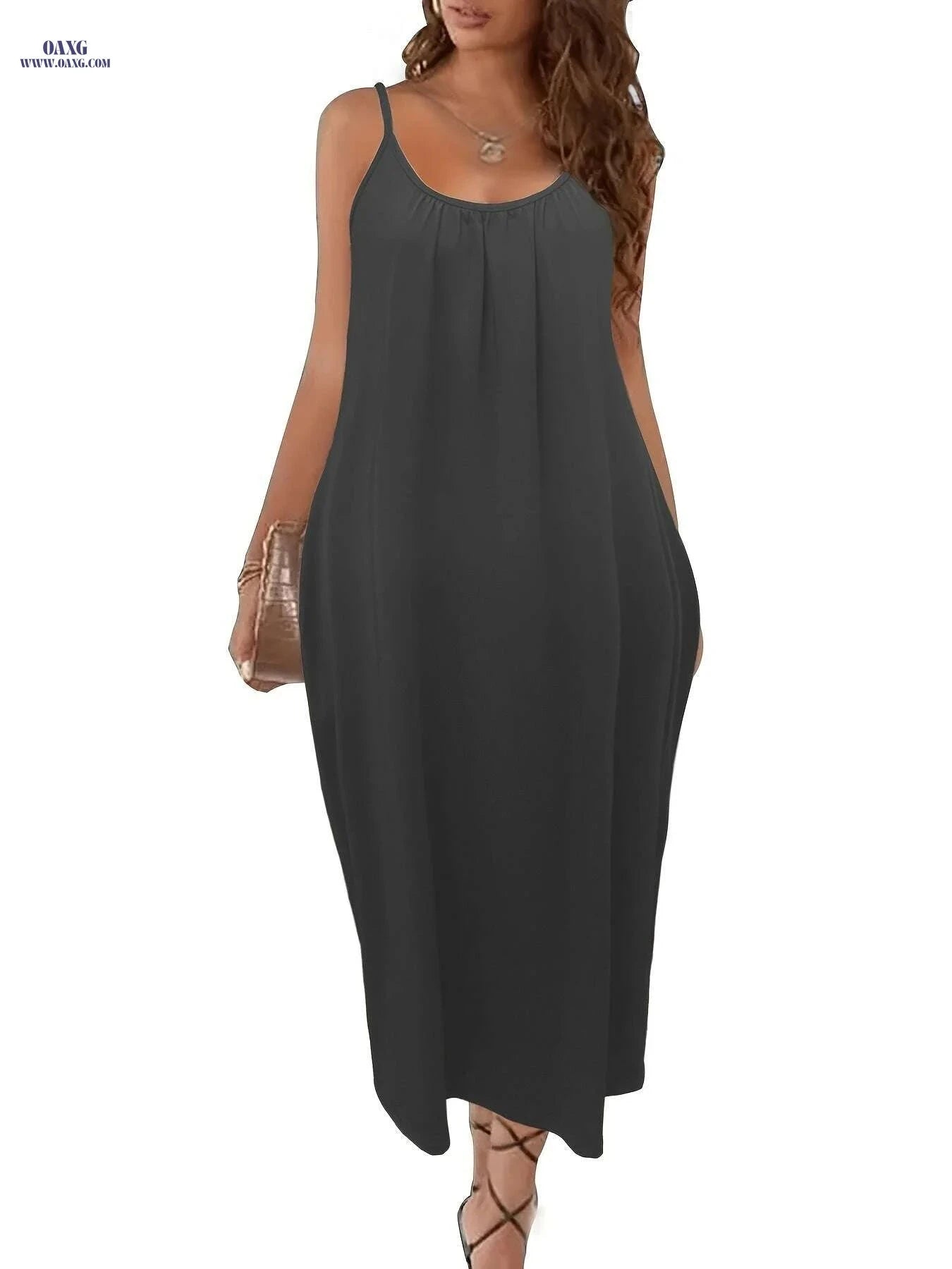 Solid Pockets Maxi Cami Dress - Casual Midi for Summer Wear   OAXG Black / S