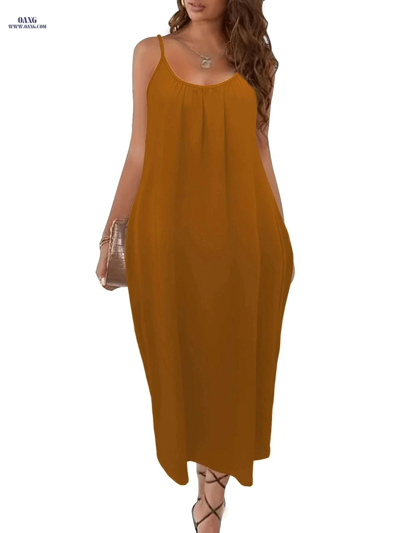Solid Pockets Maxi Cami Dress - Casual Midi for Summer Wear   OAXG Black / S