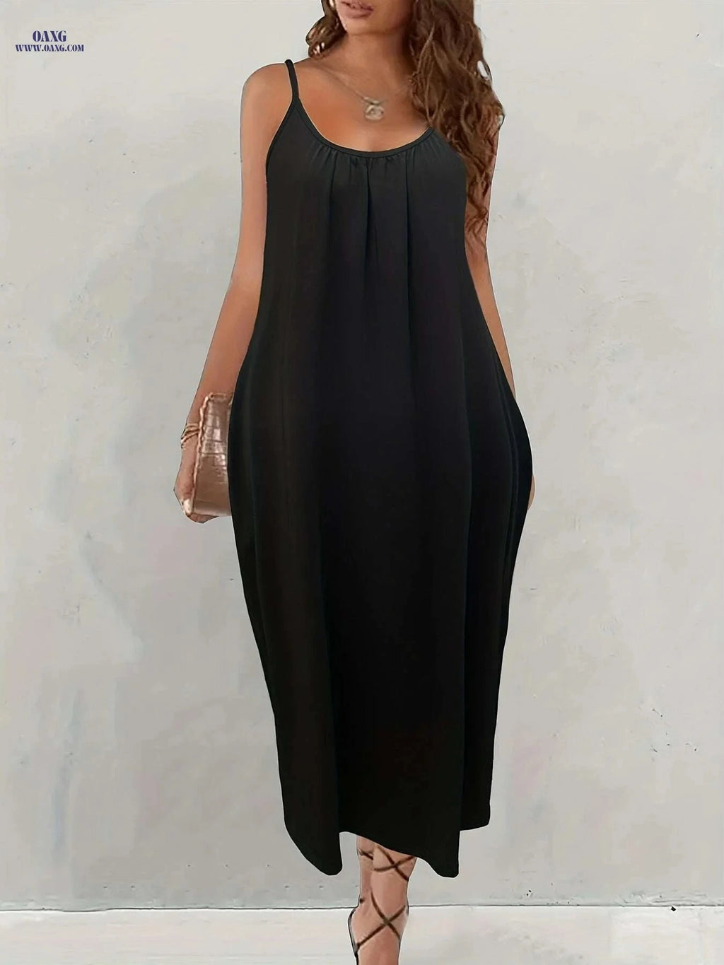 Solid Pockets Maxi Cami Dress - Casual Midi for Summer Wear   OAXG Black / S