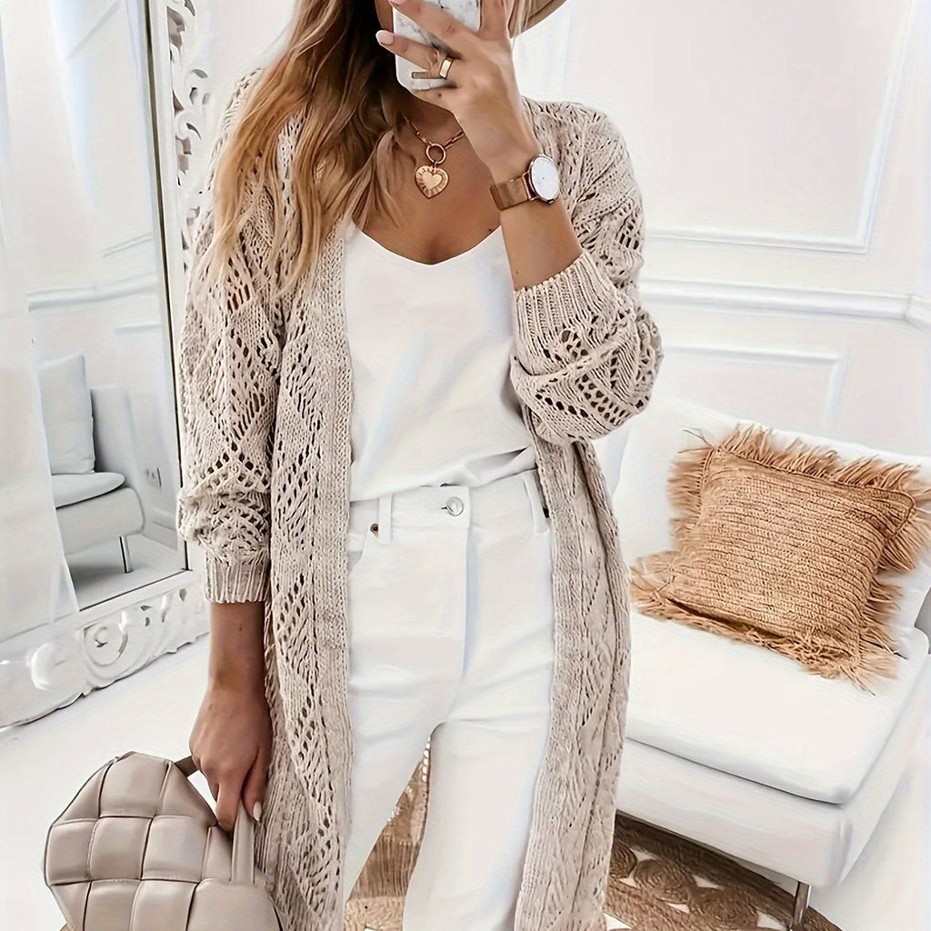 Solid Pointelle Cardigan, Casual Long Sleeve Cardigan, Women'S Clothing   OAXG Khaki / XS