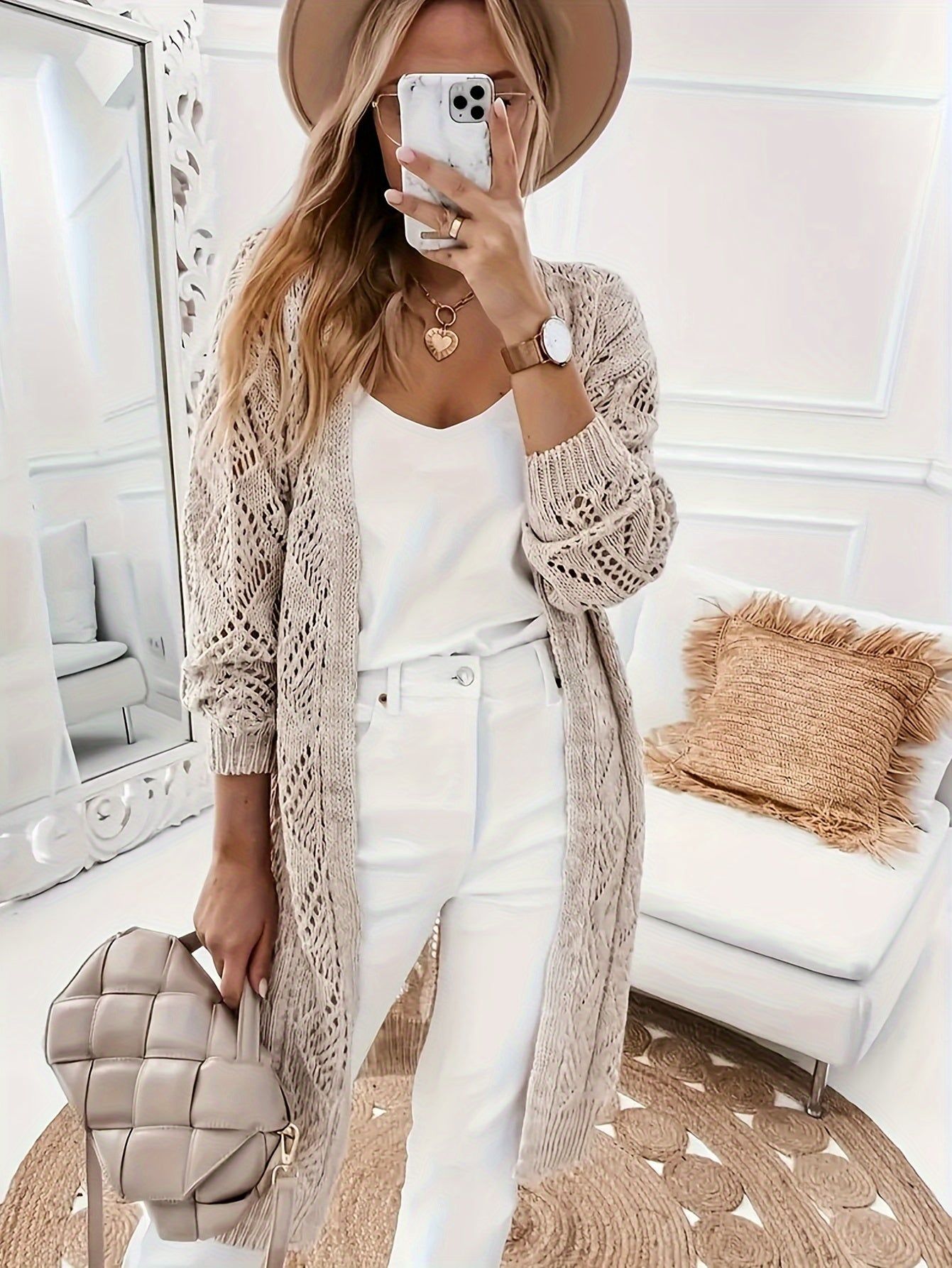 Solid Pointelle Cardigan, Casual Long Sleeve Cardigan, Women'S Clothing   OAXG Khaki / XS