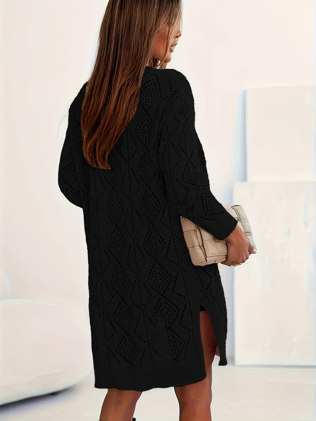 Solid Pointelle Cardigan, Casual Long Sleeve Cardigan, Women'S Clothing   OAXG Khaki / XS