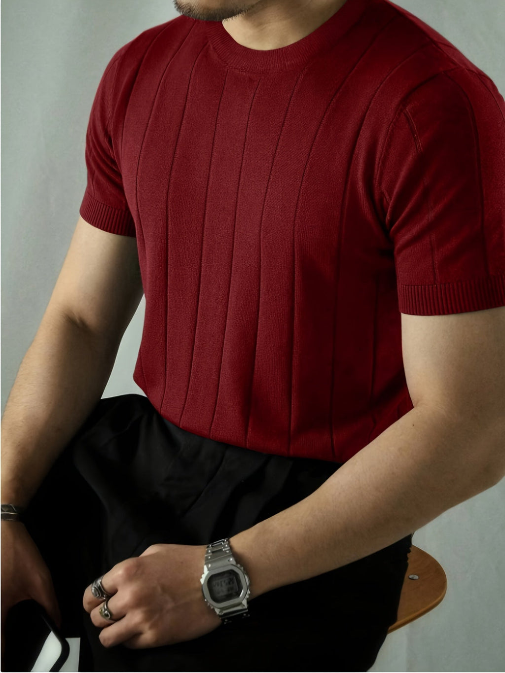 Solid Ribbed Knitted Top for Men - Short Sleeve Casual Wear   OAXG 