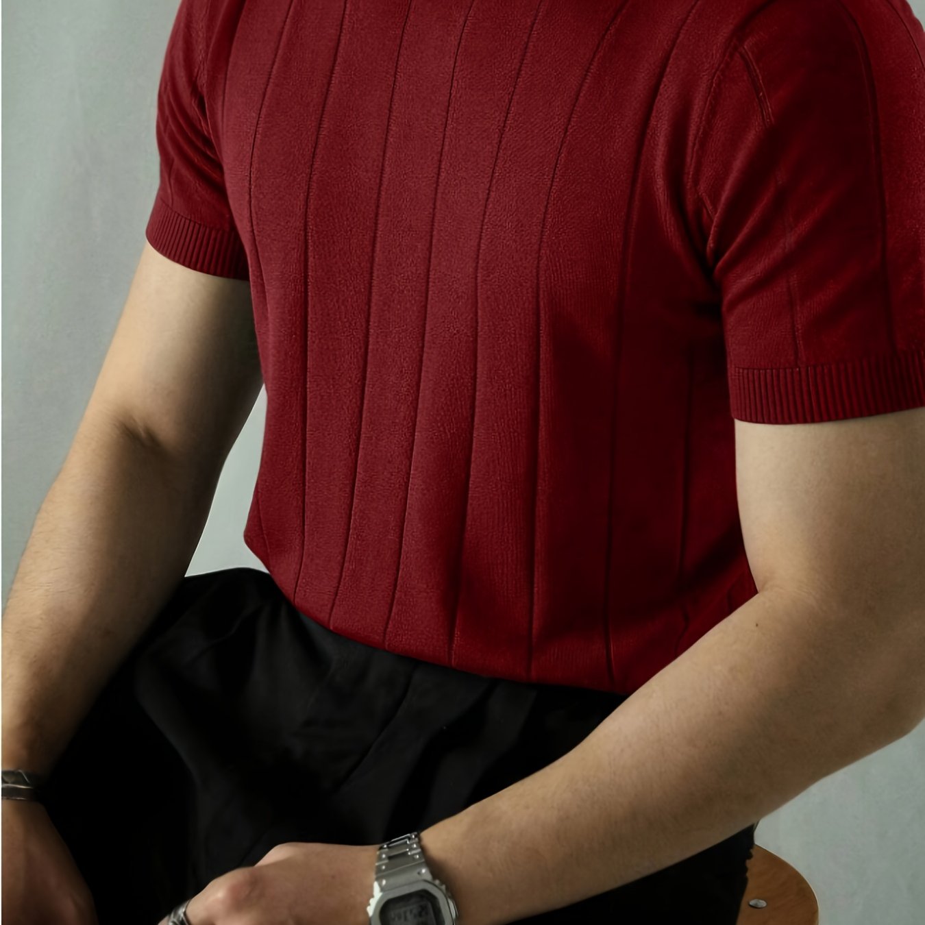 Solid Ribbed Knitted Top for Men - Short Sleeve Casual Wear   OAXG 