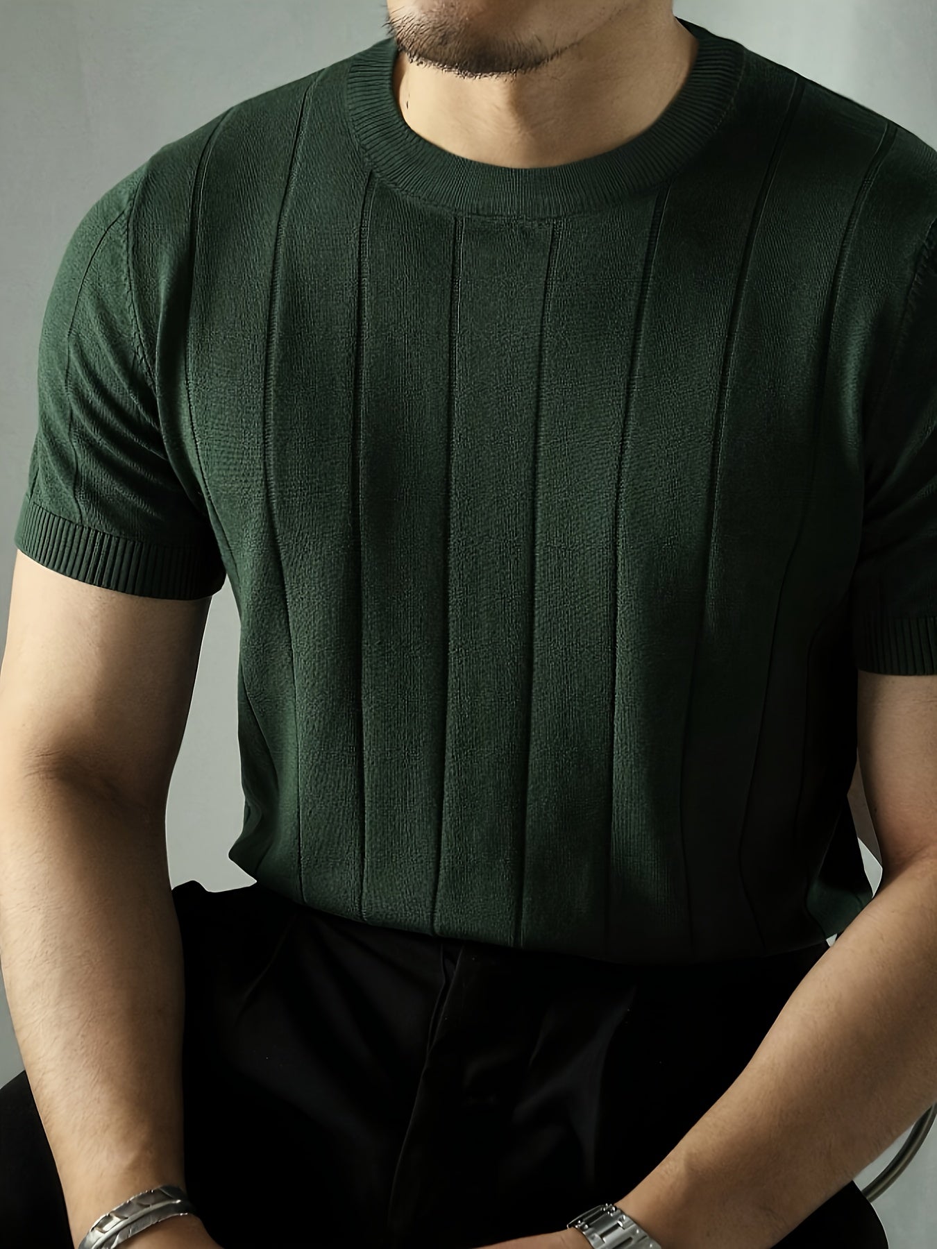 Solid Ribbed Knitted Top for Men - Short Sleeve Casual Wear   OAXG Burgundy / FR S