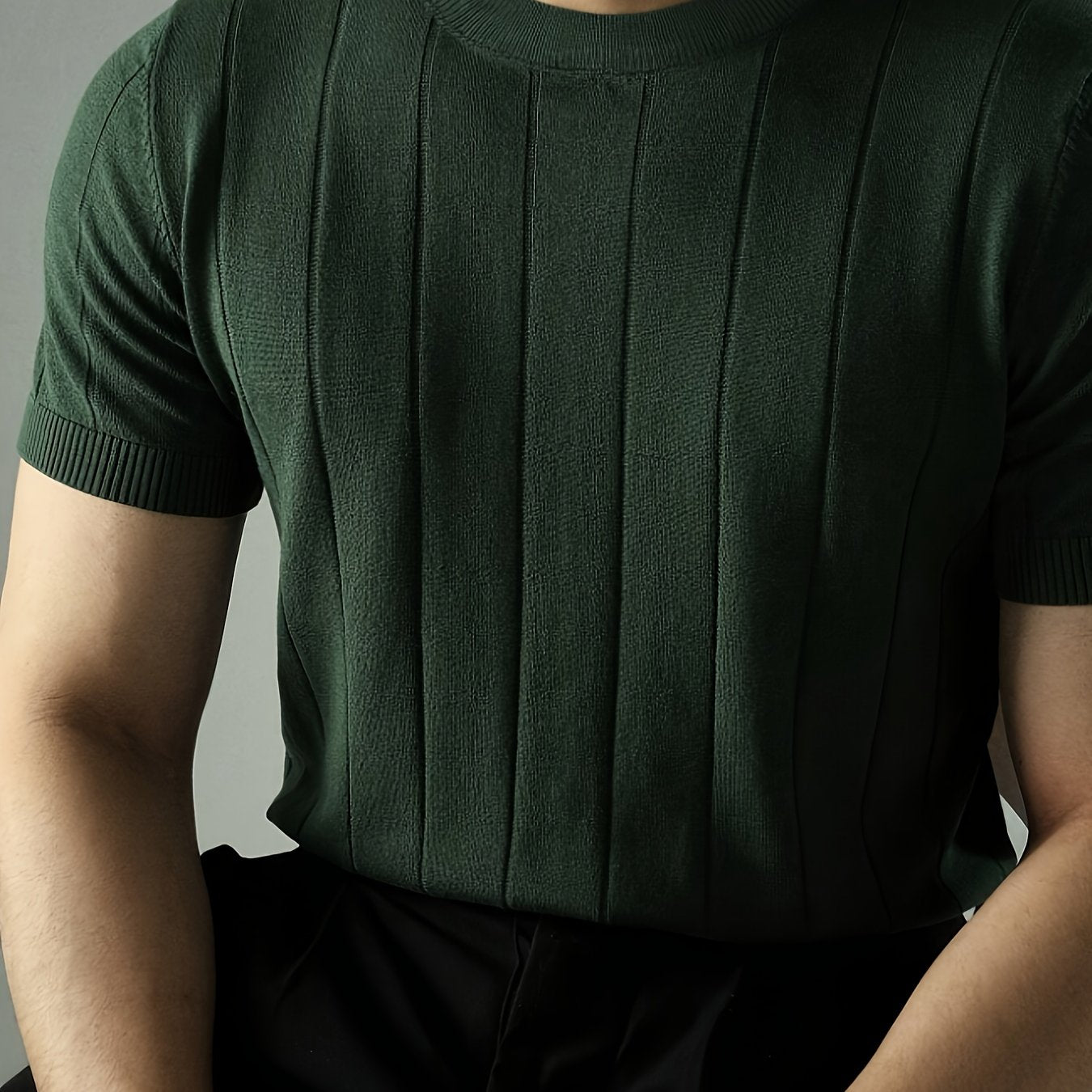 Solid Ribbed Knitted Top for Men - Short Sleeve Casual Wear   OAXG 