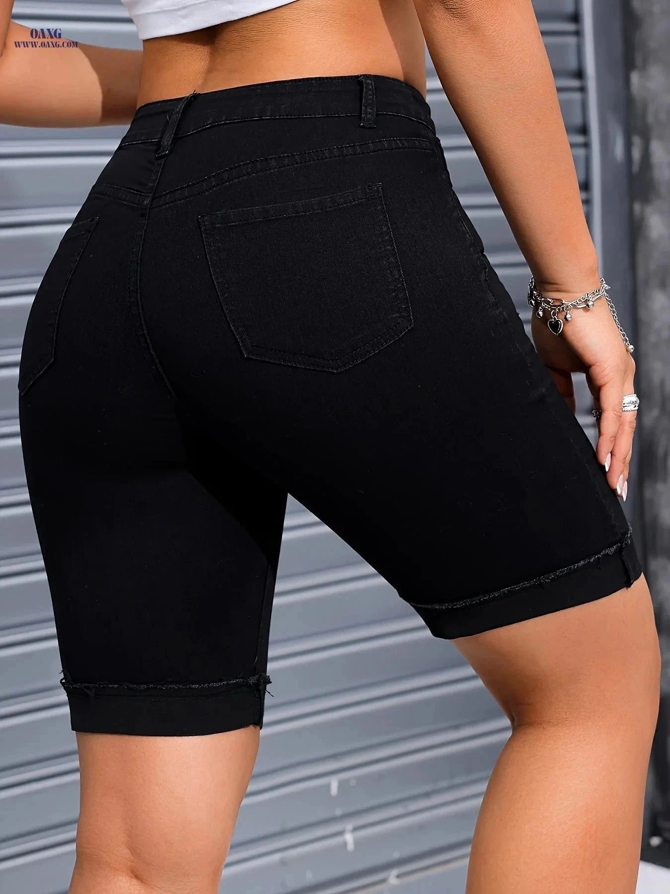 SOLORN Plain-colored Denim Cycling Pants - Cuffed & High Stretch   OAXG Black / XS