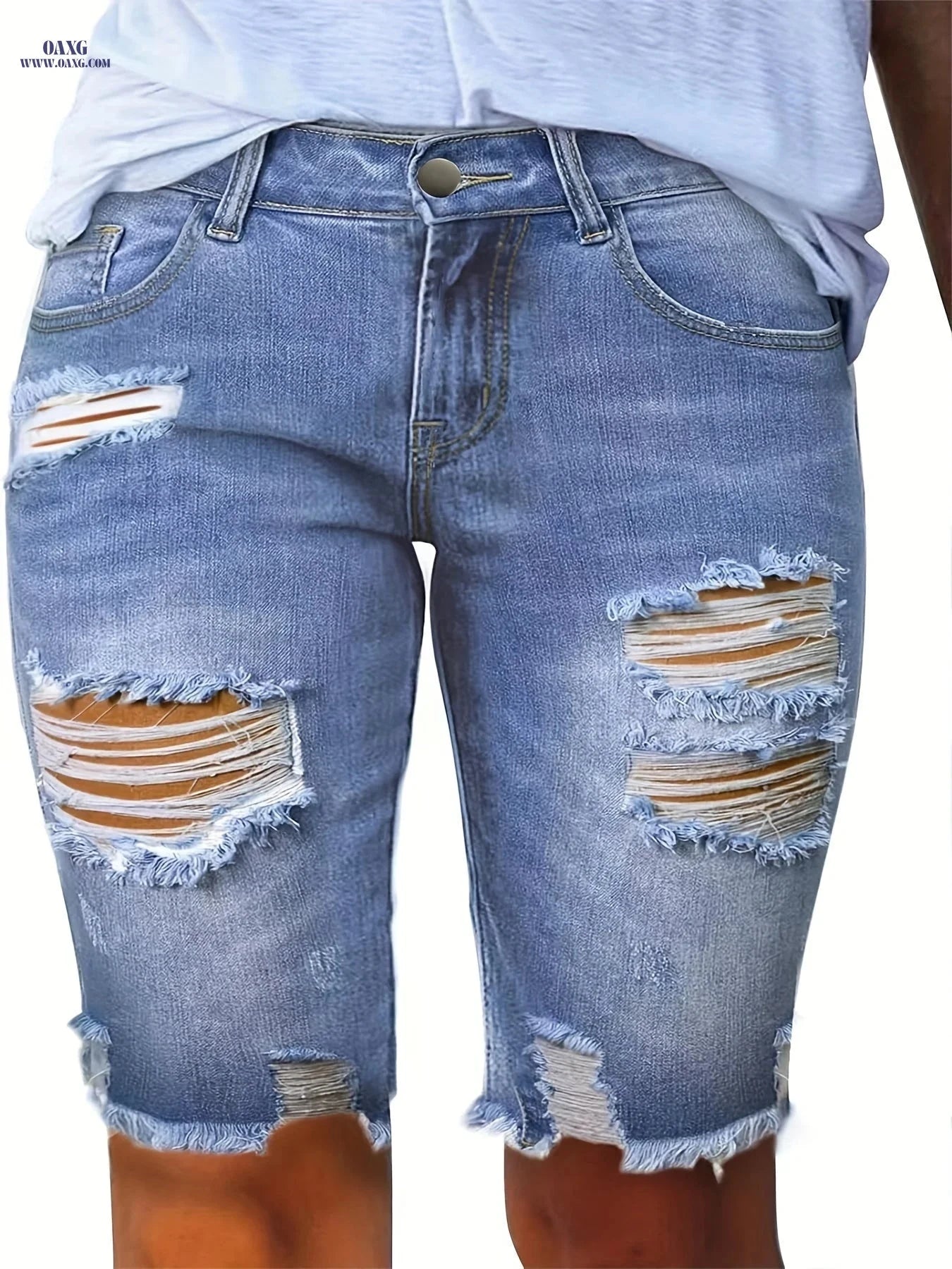 SOLORN Women's Washed Ripped Mid-High Waist Pants - Casual Denim Style   OAXG 