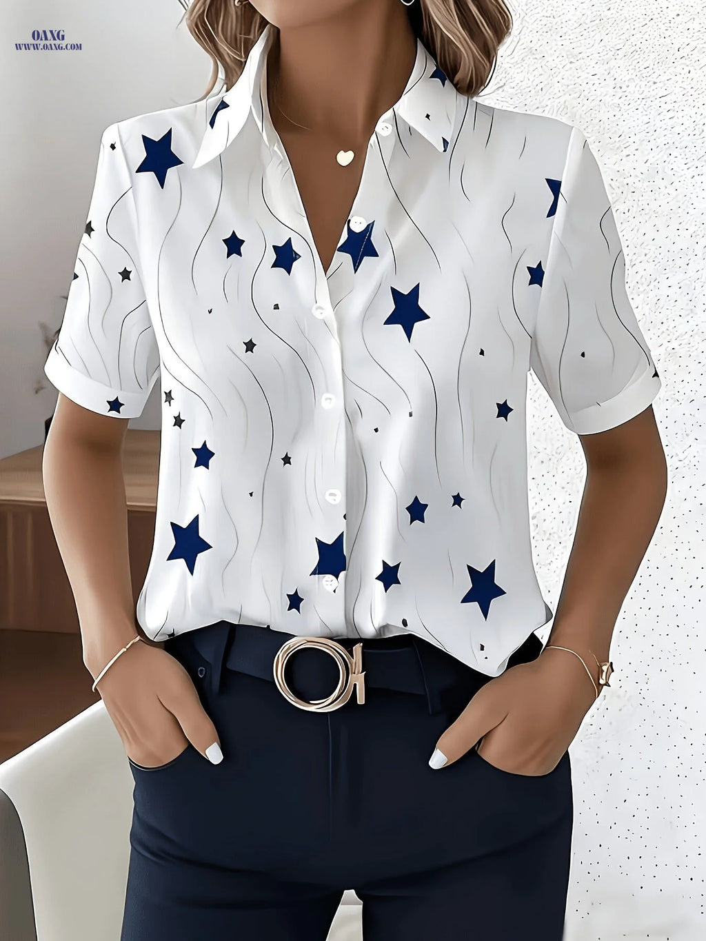 Special Edition Women's Printed Shirt - Elegant Short Sleeve Button-Up   OAXG Mixed colors / S