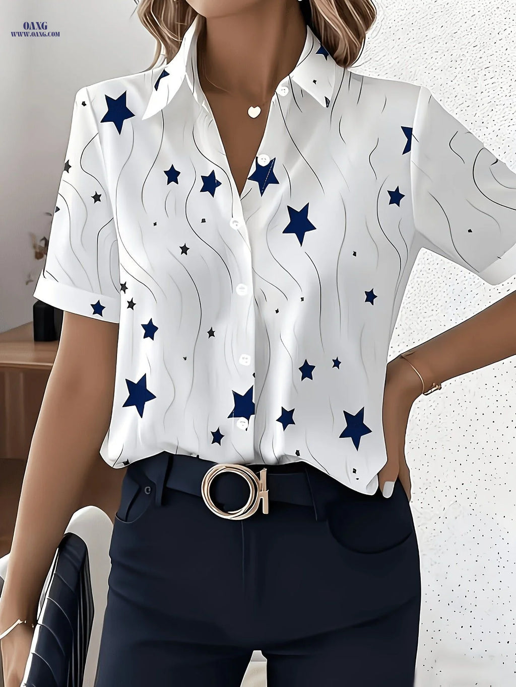Special Edition Women's Printed Shirt - Elegant Short Sleeve Button-Up   OAXG Mixed colors / S