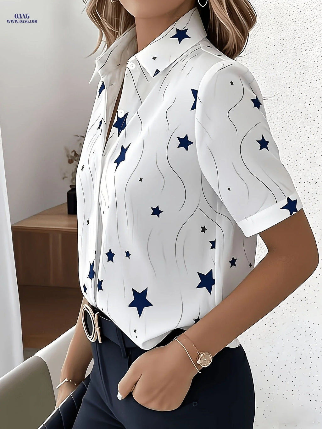 Special Edition Women's Printed Shirt - Elegant Short Sleeve Button-Up   OAXG Mixed colors / S