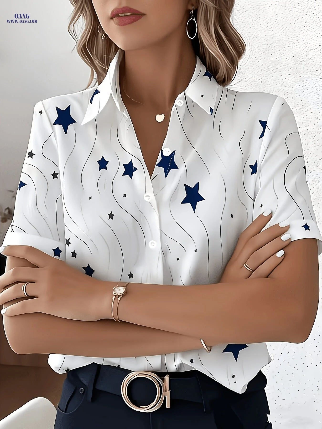 Special Edition Women's Printed Shirt - Elegant Short Sleeve Button-Up   OAXG Mixed colors / S