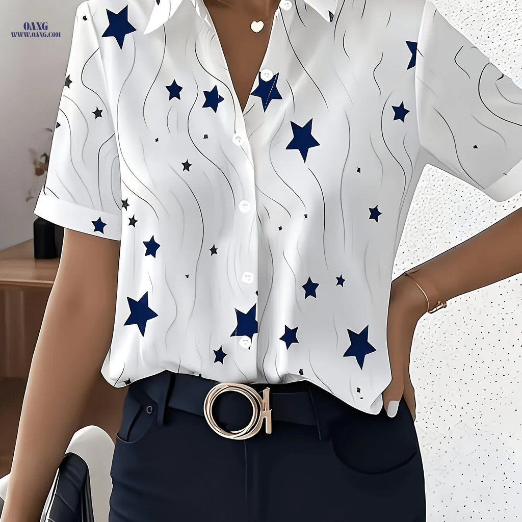 Special Edition Women's Printed Shirt - Elegant Short Sleeve Button-Up   OAXG Mixed colors / S