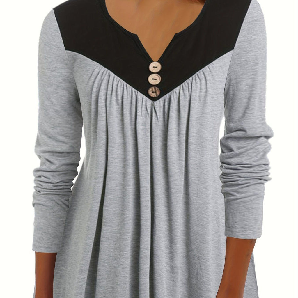 Specially Designed Women's Fashion Elegant Solid Color Contrast Long Sleeve T-shirt, Long Top for Ladies   OAXG Light Grey / S