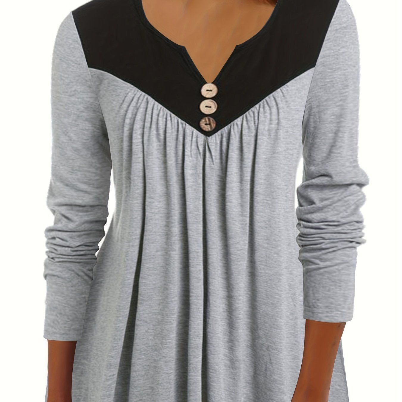 Specially Designed Women's Fashion Elegant Solid Color Contrast Long Sleeve T-shirt, Long Top for Ladies   OAXG Light Grey / S