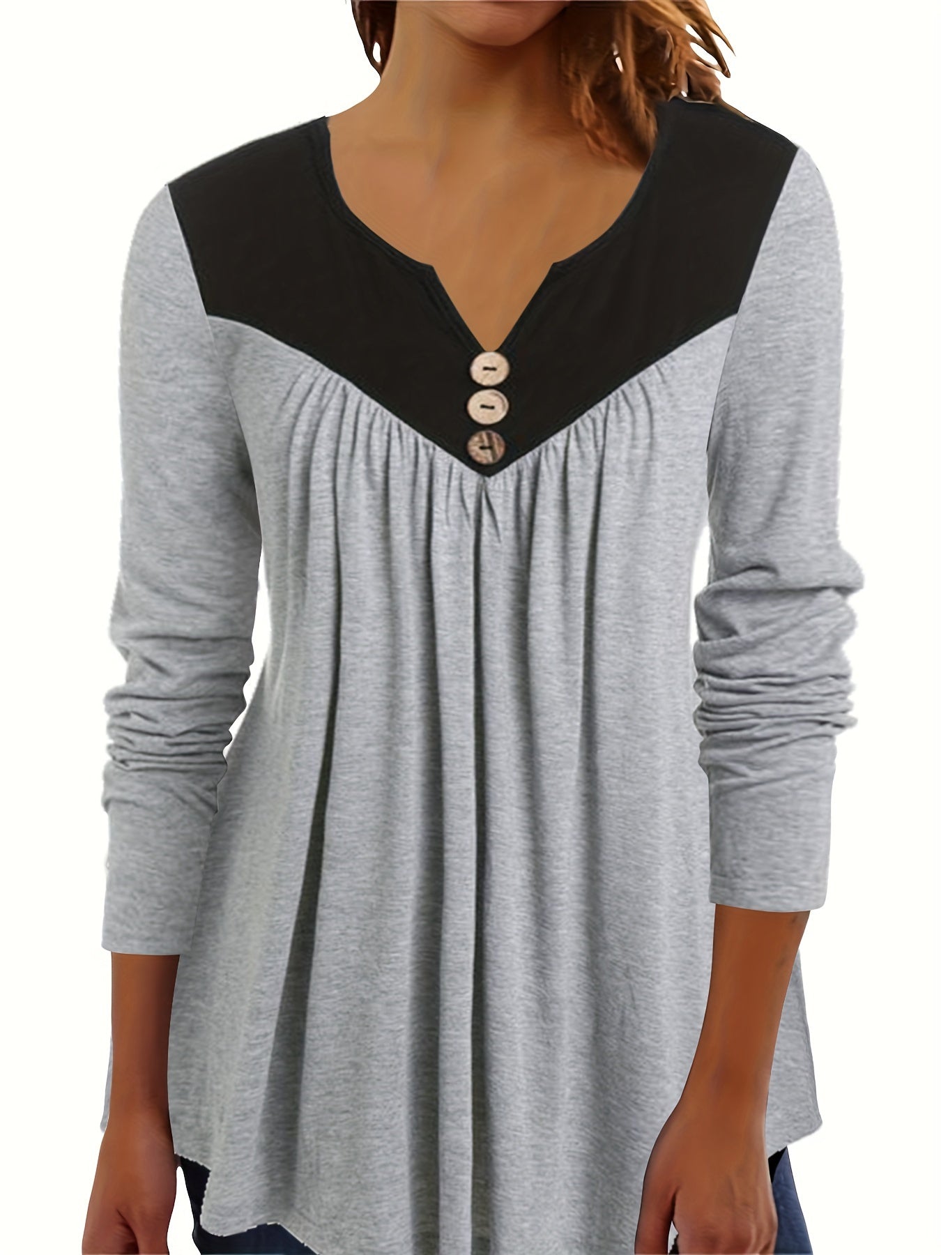 Specially Designed Women's Fashion Elegant Solid Color Contrast Long Sleeve T-shirt, Long Top for Ladies   OAXG Light Grey / S