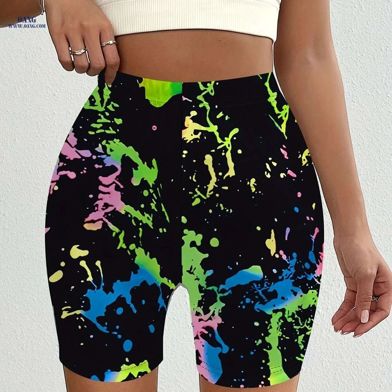 Splashed Ink Printed Motorcycle Shorts - Trendy Tie Dye for All Seasons   OAXG Black / S