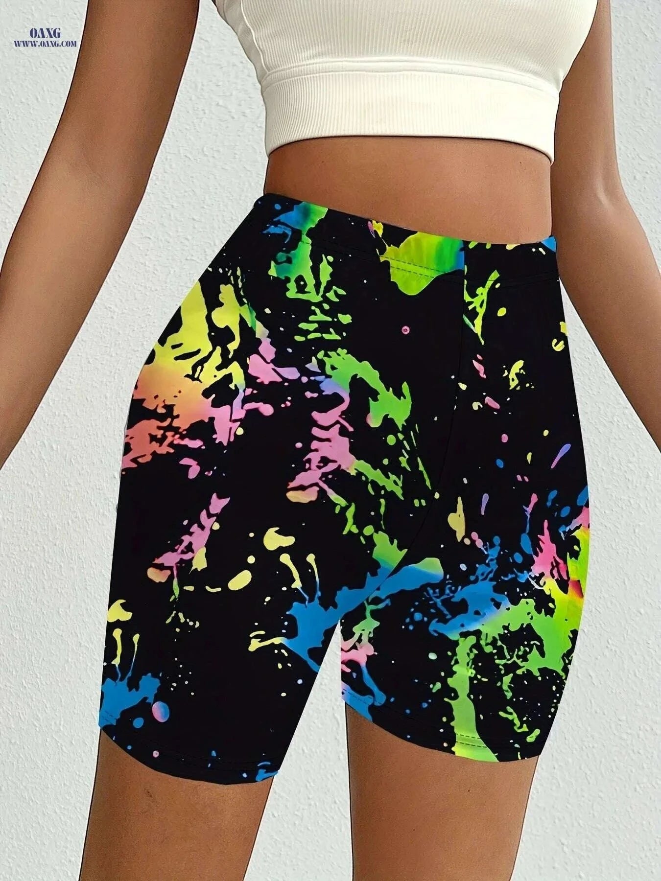 Splashed Ink Printed Motorcycle Shorts - Trendy Tie Dye for All Seasons   OAXG Black / S