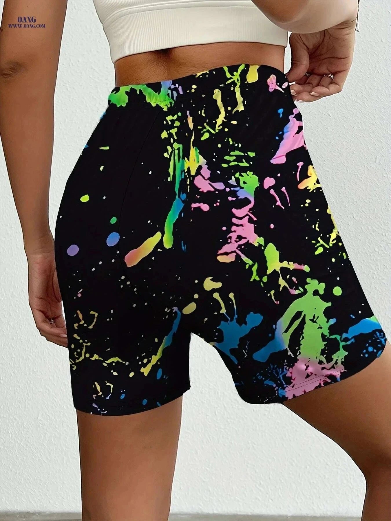 Splashed Ink Printed Motorcycle Shorts - Trendy Tie Dye for All Seasons   OAXG Black / S