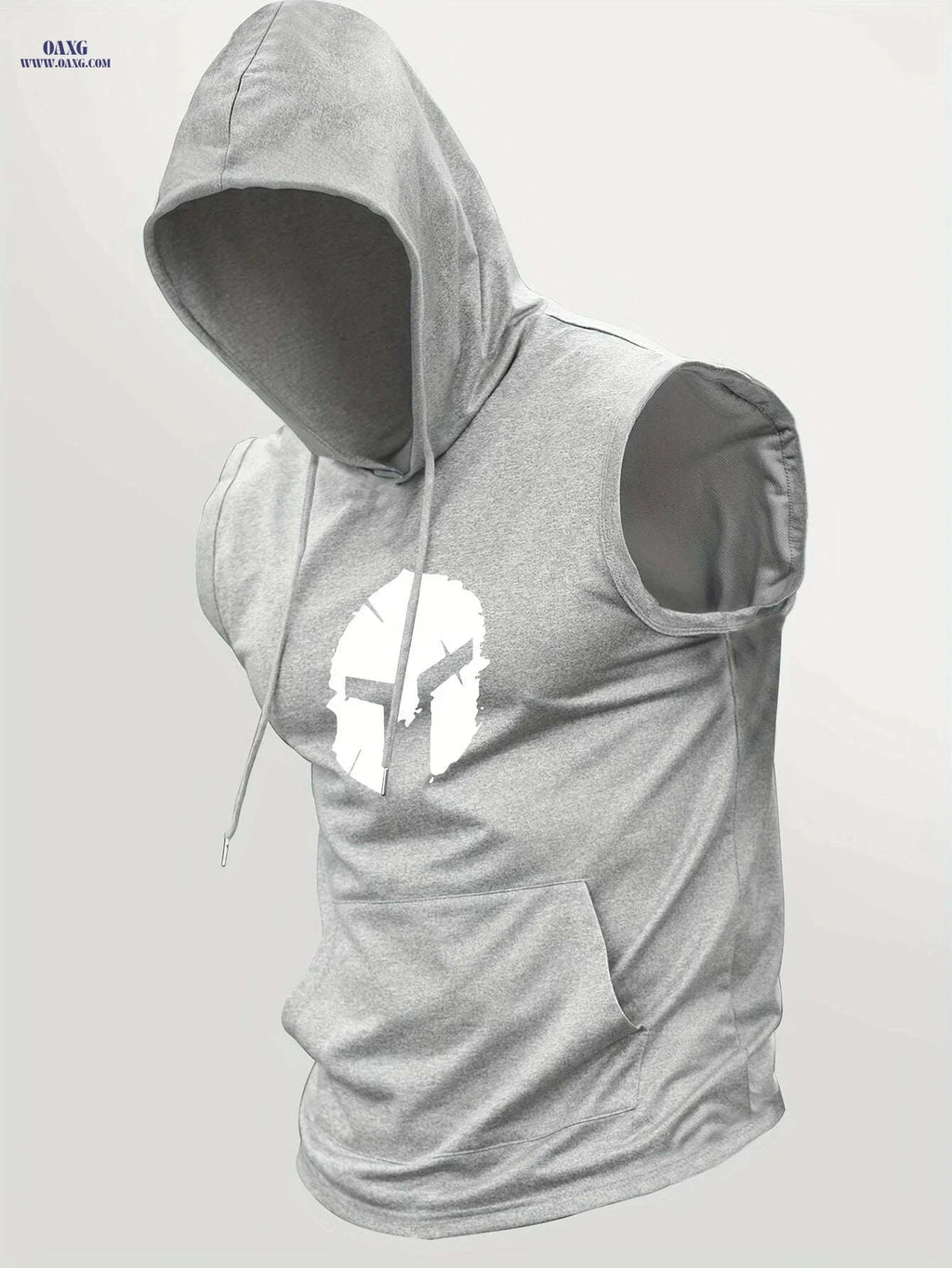 Sporty Sleeveless Hoodie for Men - Adjustable Drawstring & Spartan Print   OAXG 