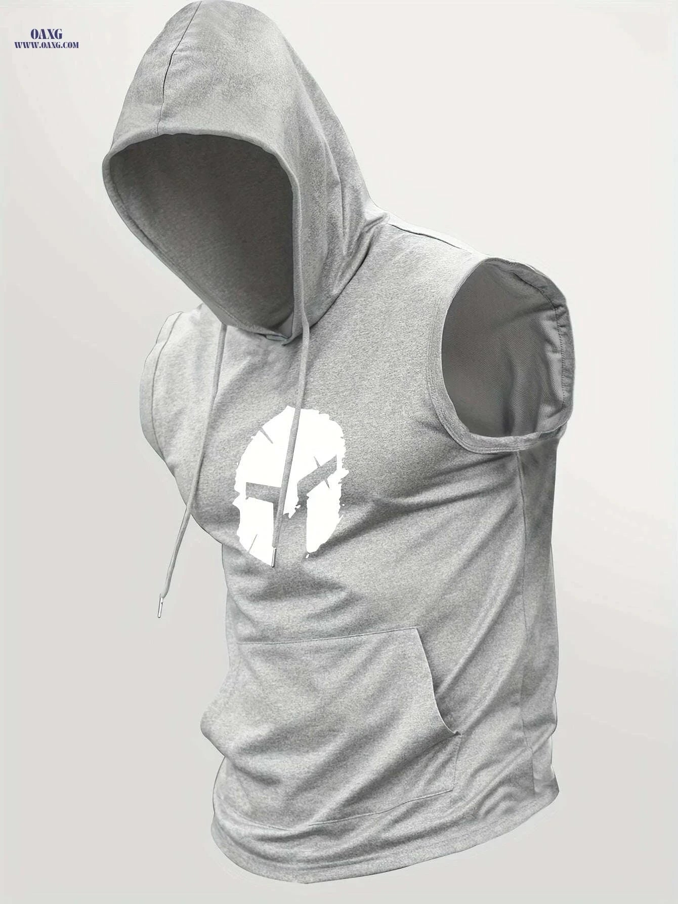 Sporty Sleeveless Hoodie for Men - Adjustable Drawstring & Spartan Print   OAXG 