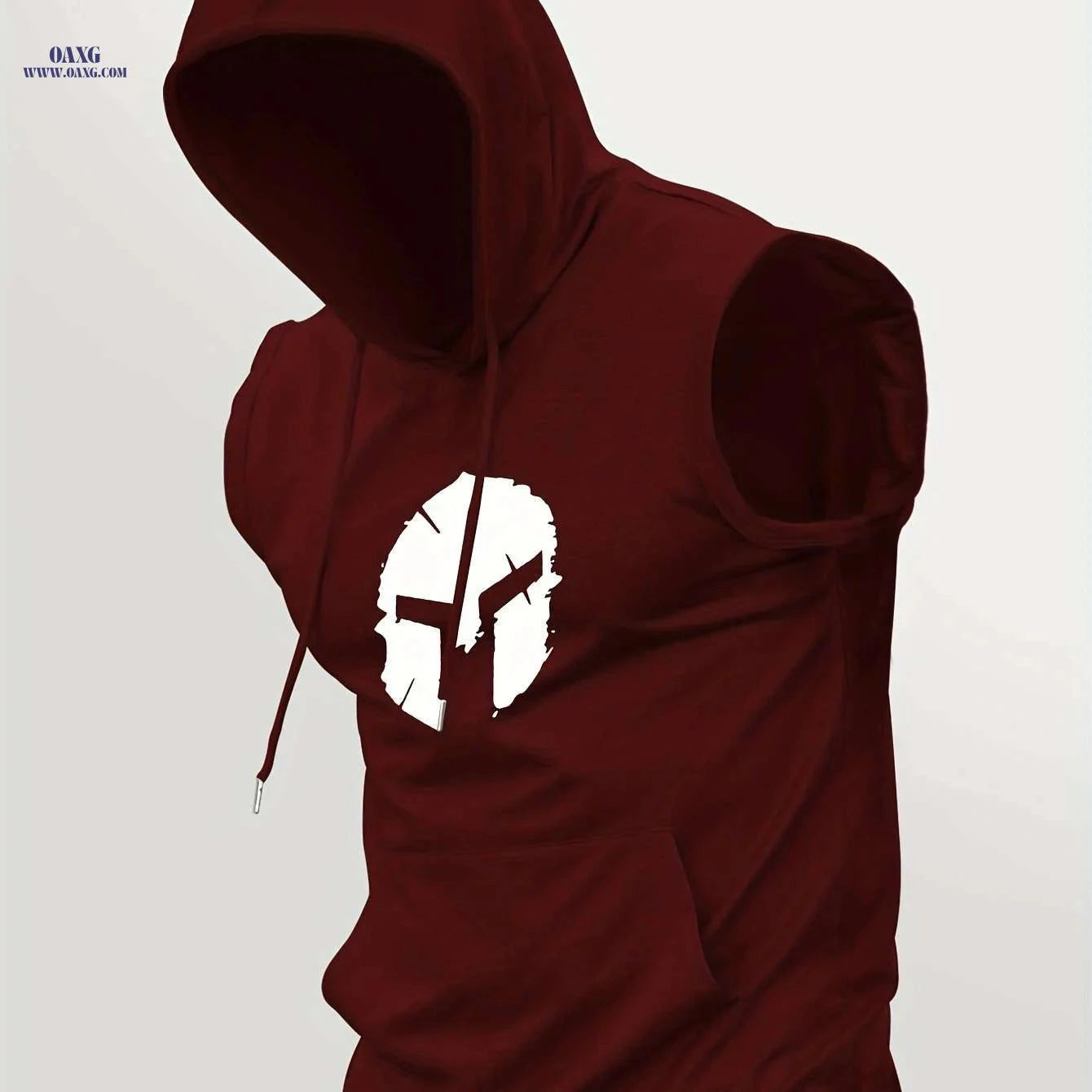 Sporty Sleeveless Hoodie for Men - Adjustable Drawstring & Spartan Print   OAXG 