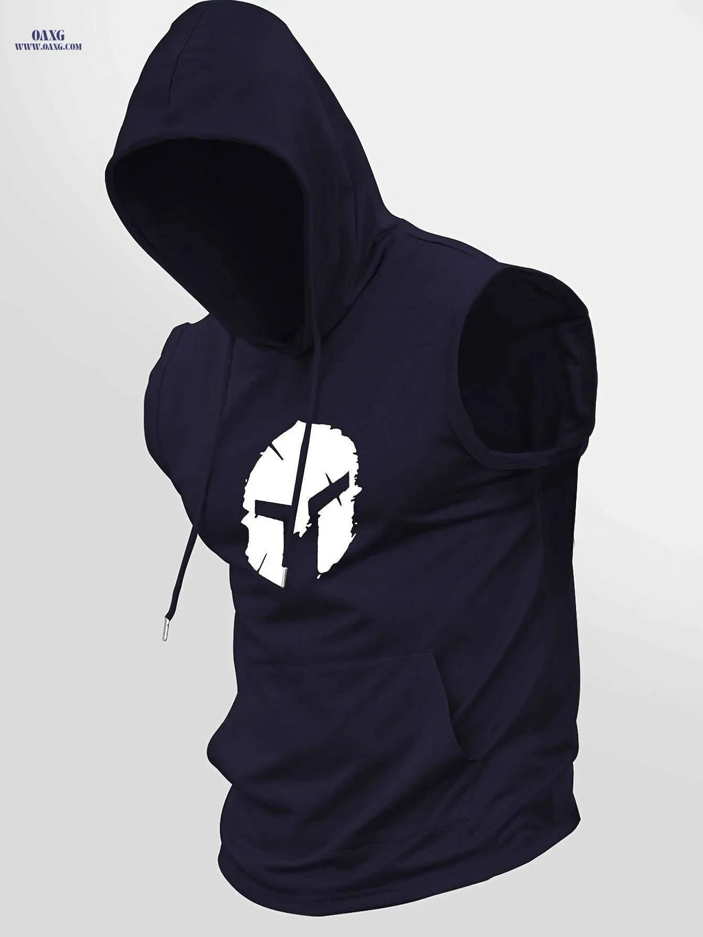 Sporty Sleeveless Hoodie for Men - Adjustable Drawstring & Spartan Print   OAXG 