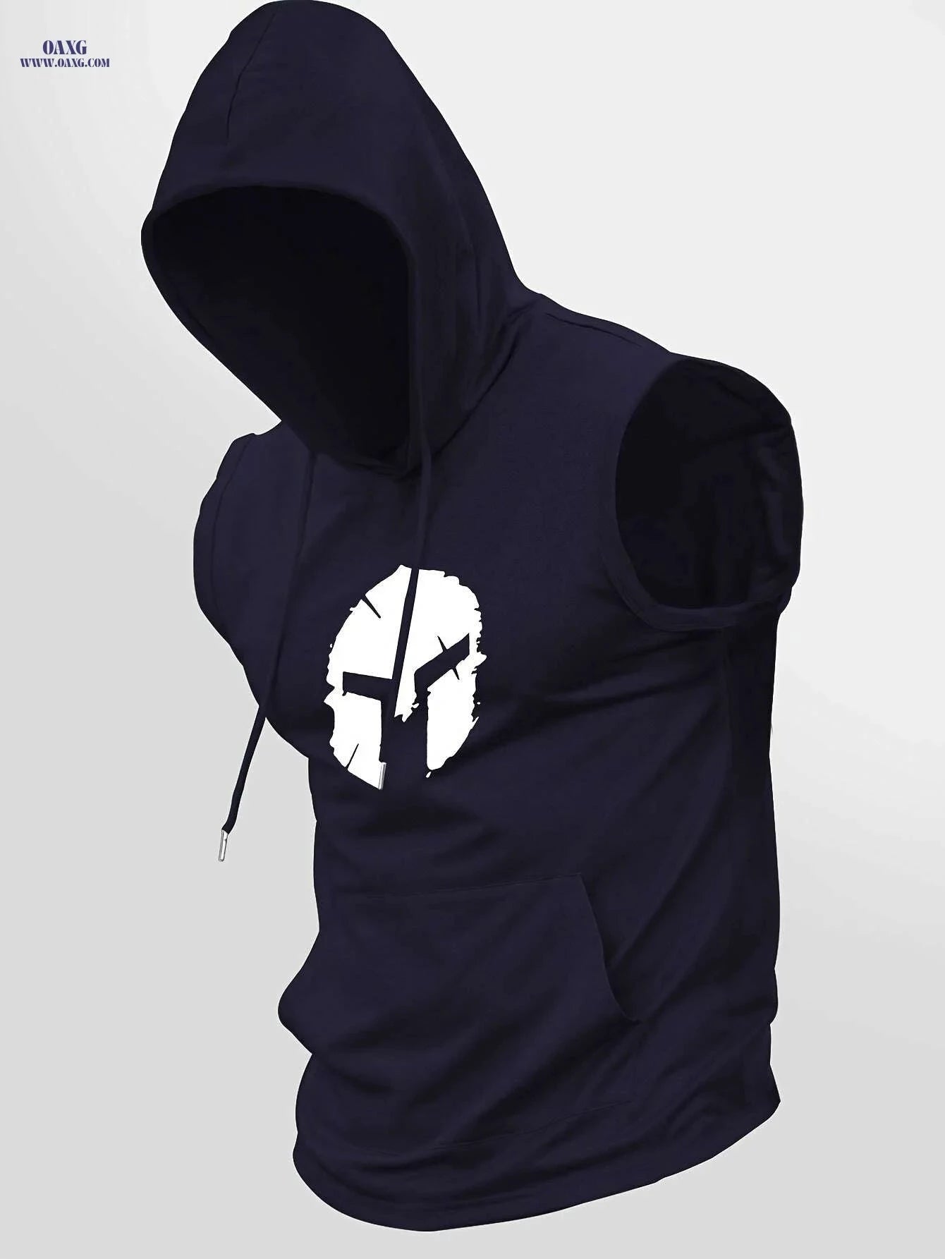 Sporty Sleeveless Hoodie for Men - Adjustable Drawstring & Spartan Print   OAXG 