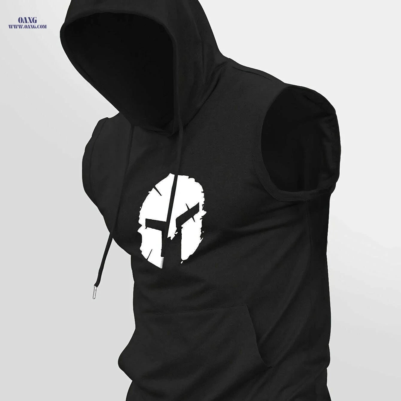 Sporty Sleeveless Hoodie for Men - Adjustable Drawstring & Spartan Print   OAXG 