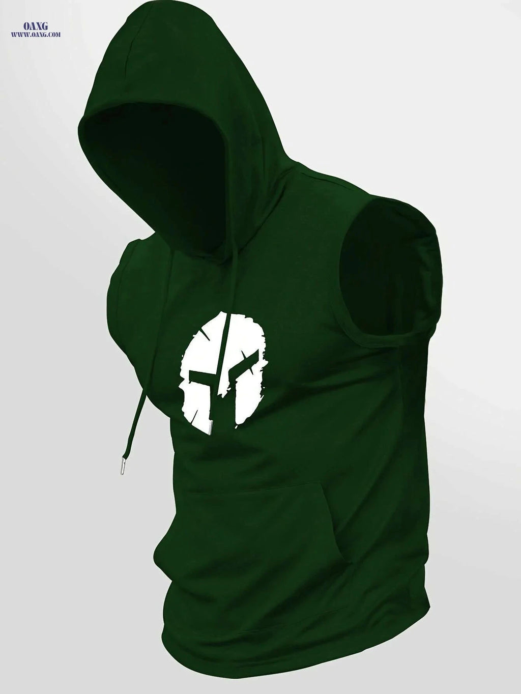 Sporty Sleeveless Hoodie for Men - Adjustable Drawstring & Spartan Print   OAXG Dark Green / S