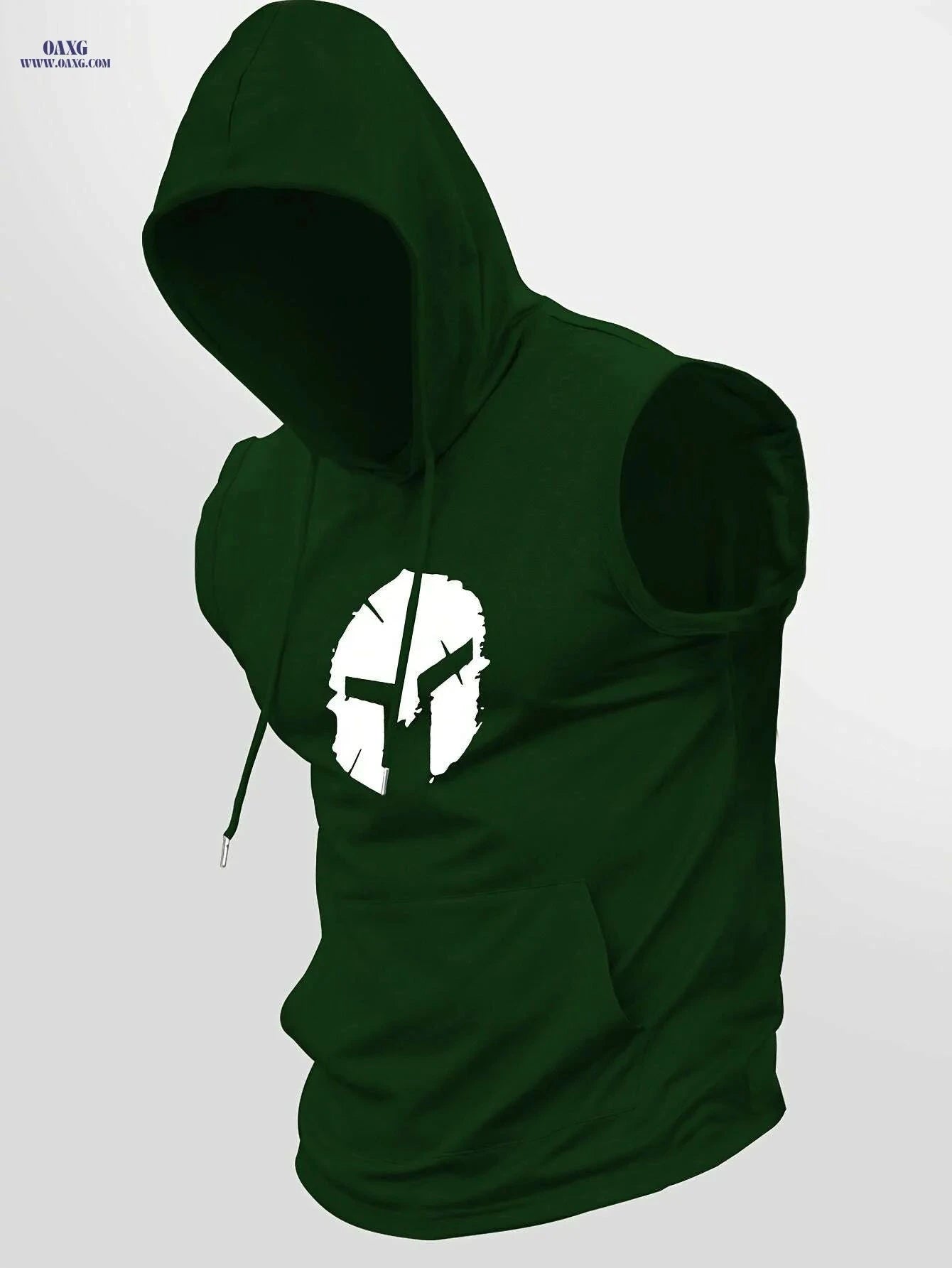Sporty Sleeveless Hoodie for Men - Adjustable Drawstring & Spartan Print   OAXG Dark Green / S