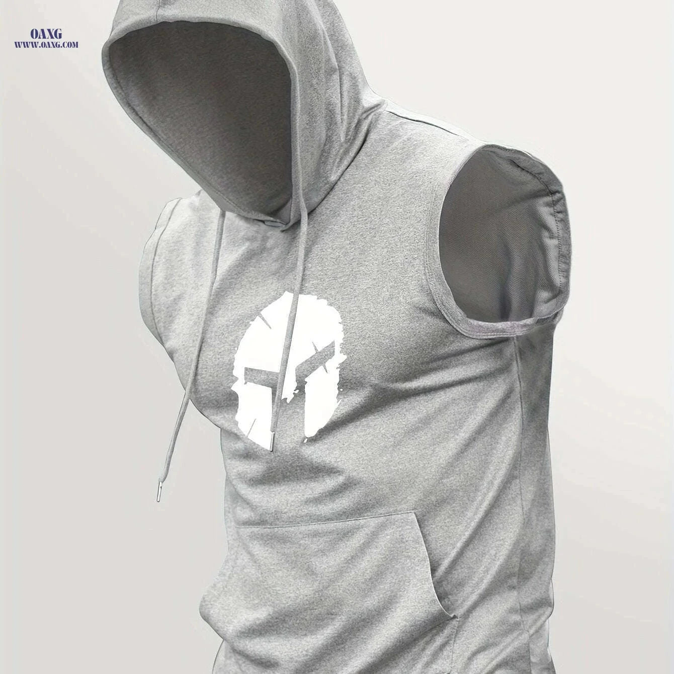 Sporty Sleeveless Hoodie for Men - Adjustable Drawstring & Spartan Print   OAXG Dark Green / S