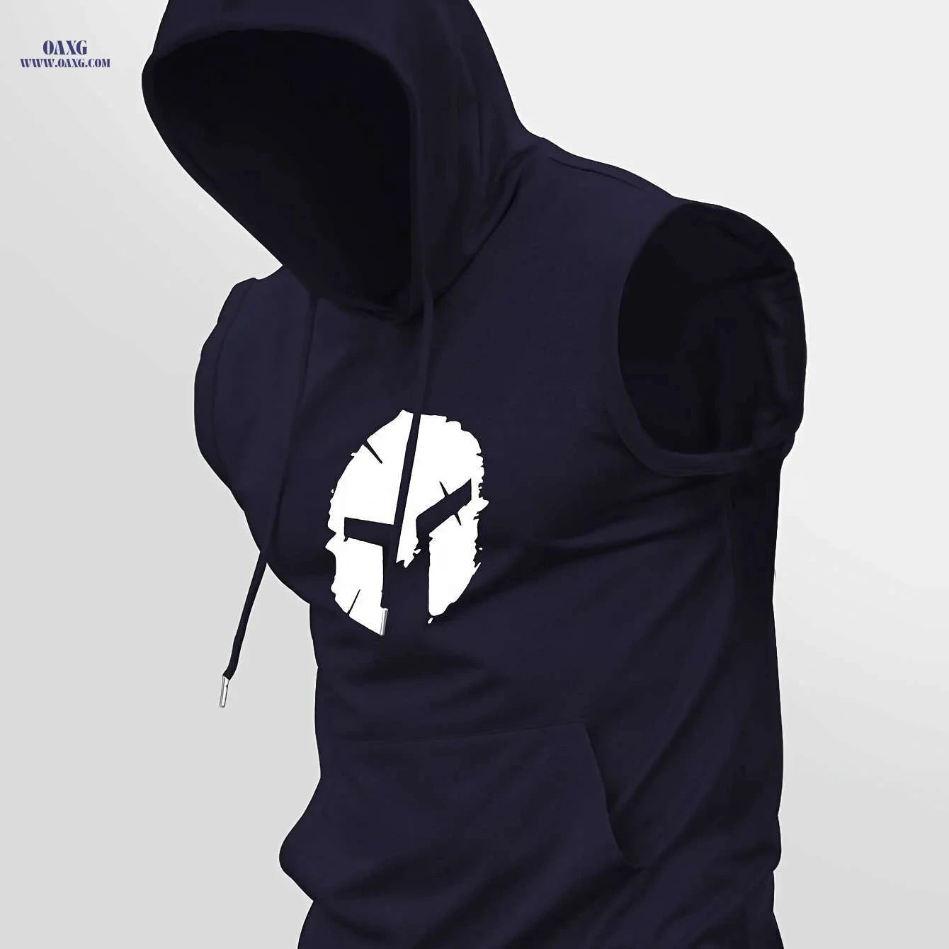 Sporty Sleeveless Hoodie for Men - Adjustable Drawstring & Spartan Print   OAXG Dark Green / S