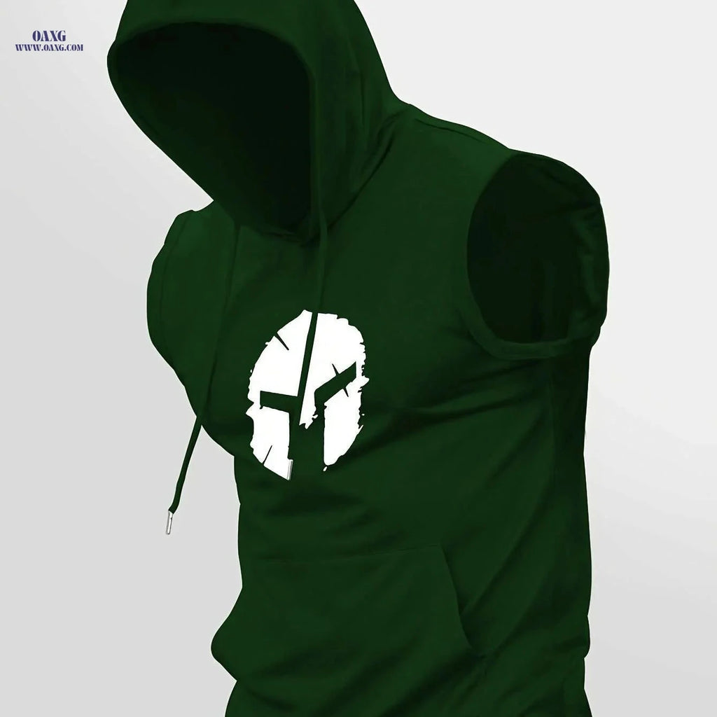 Sporty Sleeveless Hoodie for Men - Adjustable Drawstring & Spartan Print   OAXG 