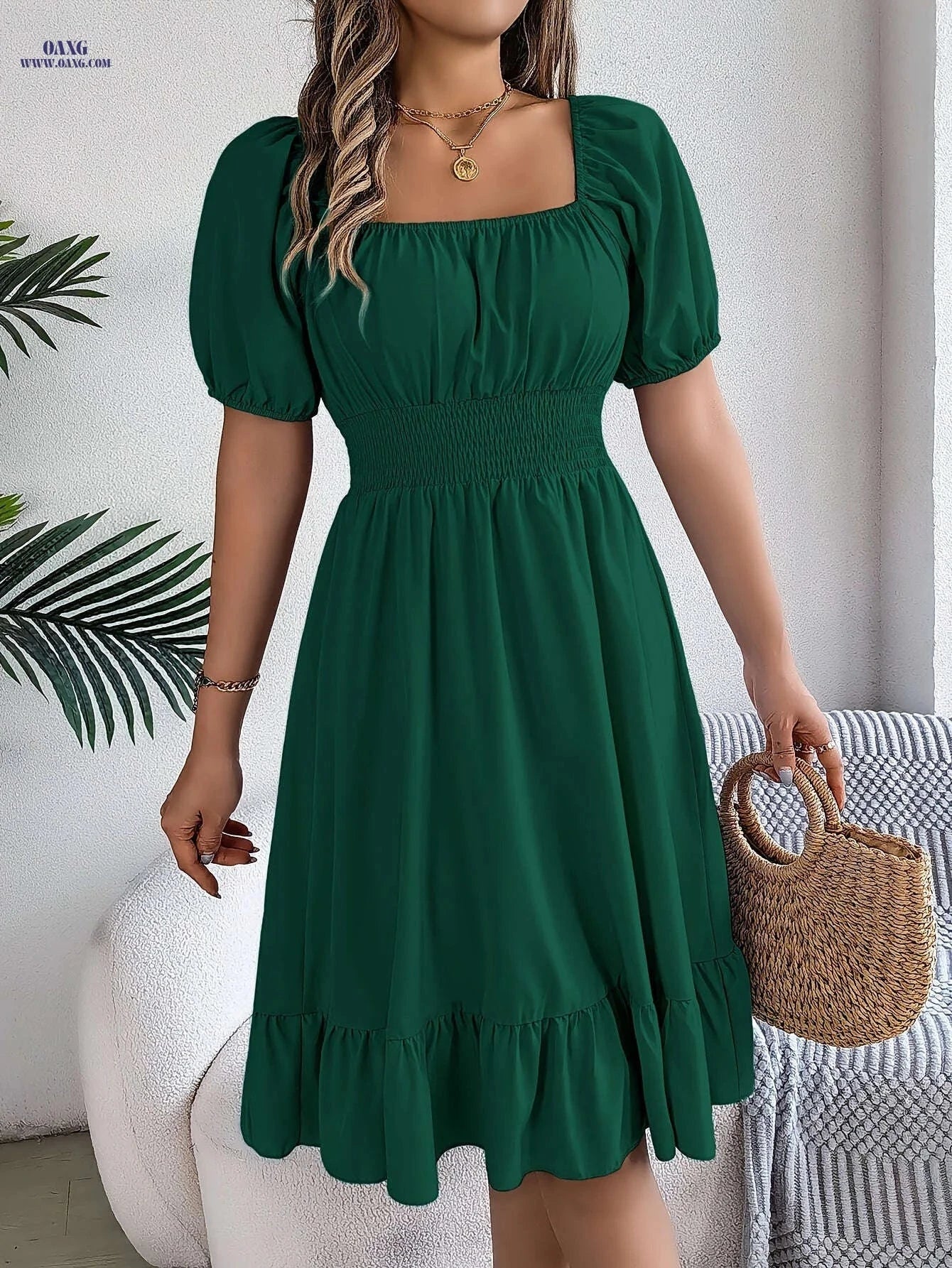 Spring A-Line Dress - Square Neck, Ruffle Design for Summer Style   OAXG 