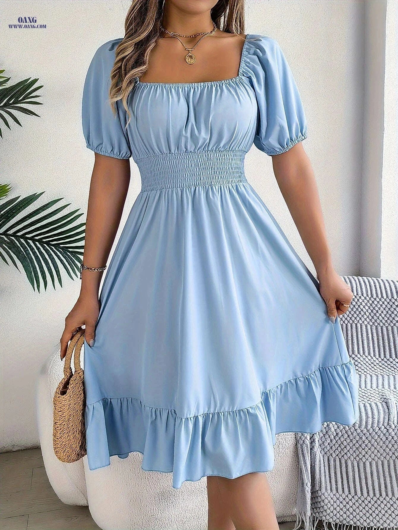 Spring A-Line Dress - Square Neck, Ruffle Design for Summer Style   OAXG 