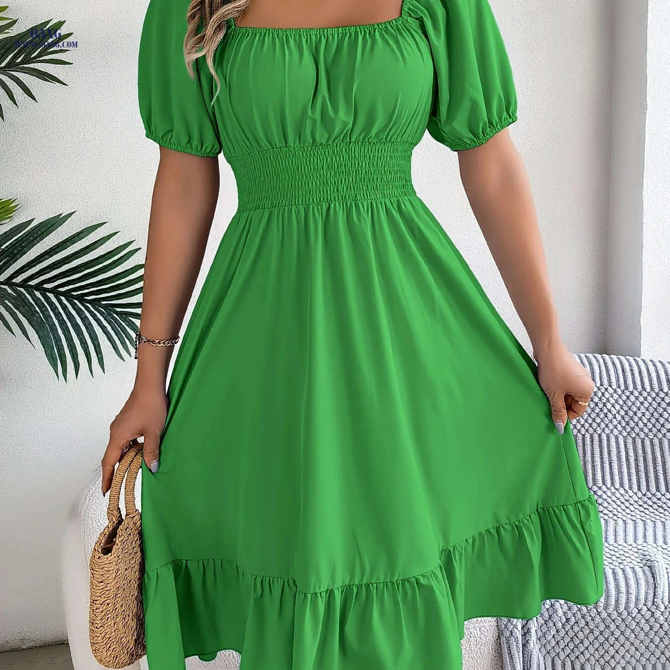Spring A-Line Dress - Square Neck, Ruffle Design for Summer Style   OAXG 