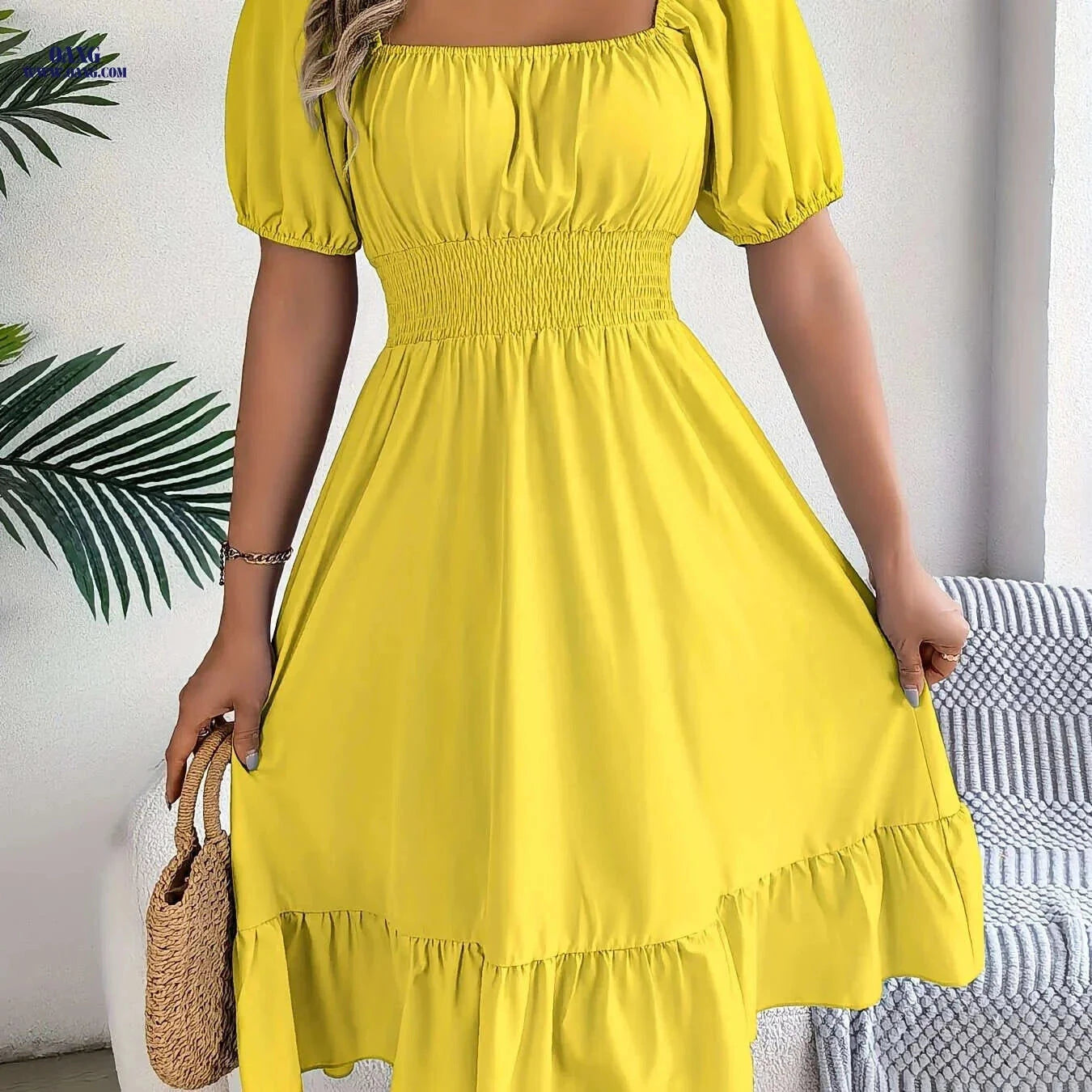 Spring A-Line Dress - Square Neck, Ruffle Design for Summer Style   OAXG 