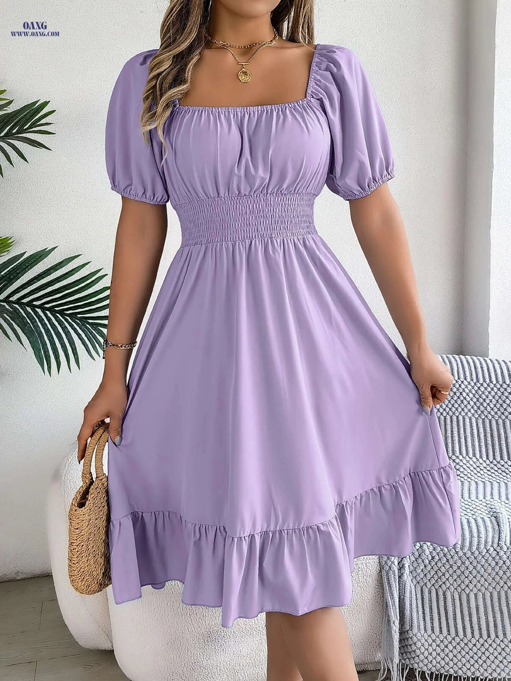 Spring A-Line Dress - Square Neck, Ruffle Design for Summer Style   OAXG 