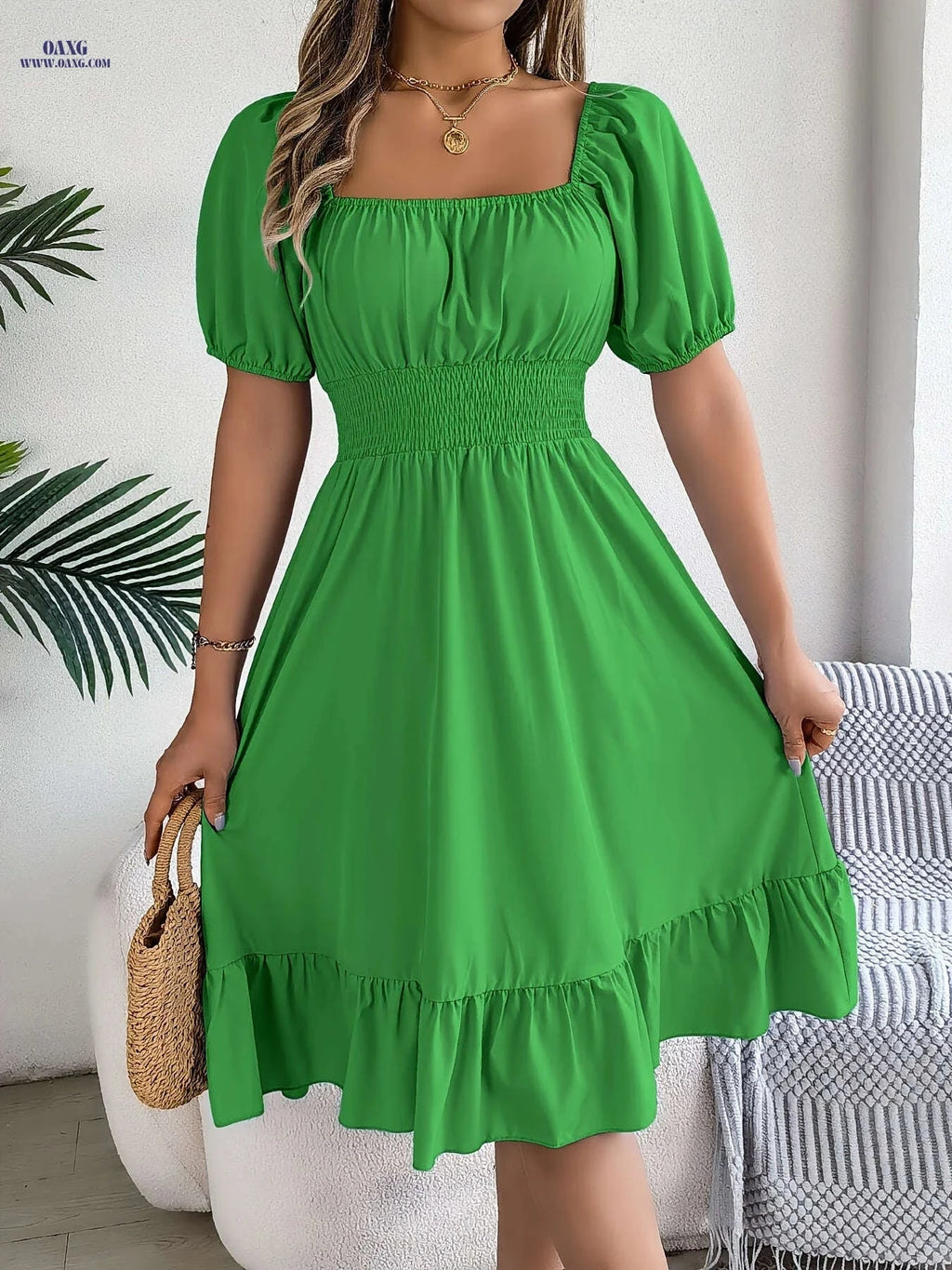 Spring A-Line Dress - Square Neck, Ruffle Design for Summer Style   OAXG Pink / S