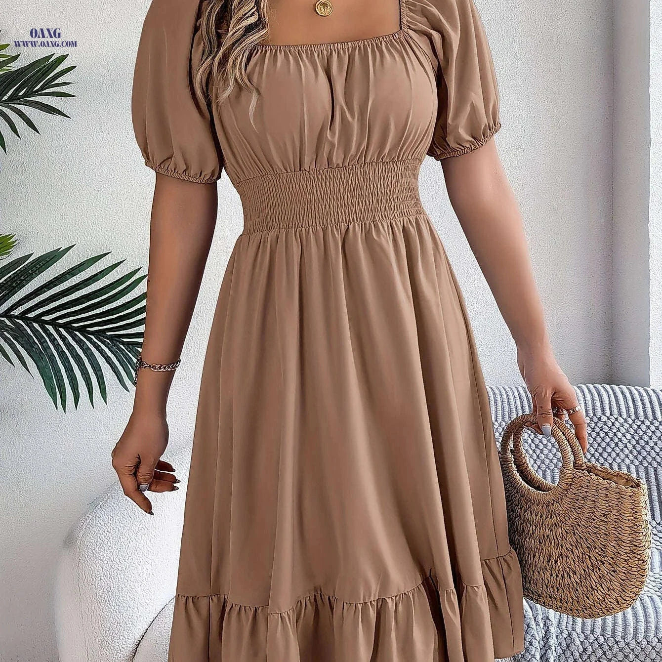 Spring A-Line Dress - Square Neck, Ruffle Design for Summer Style   OAXG Pink / S