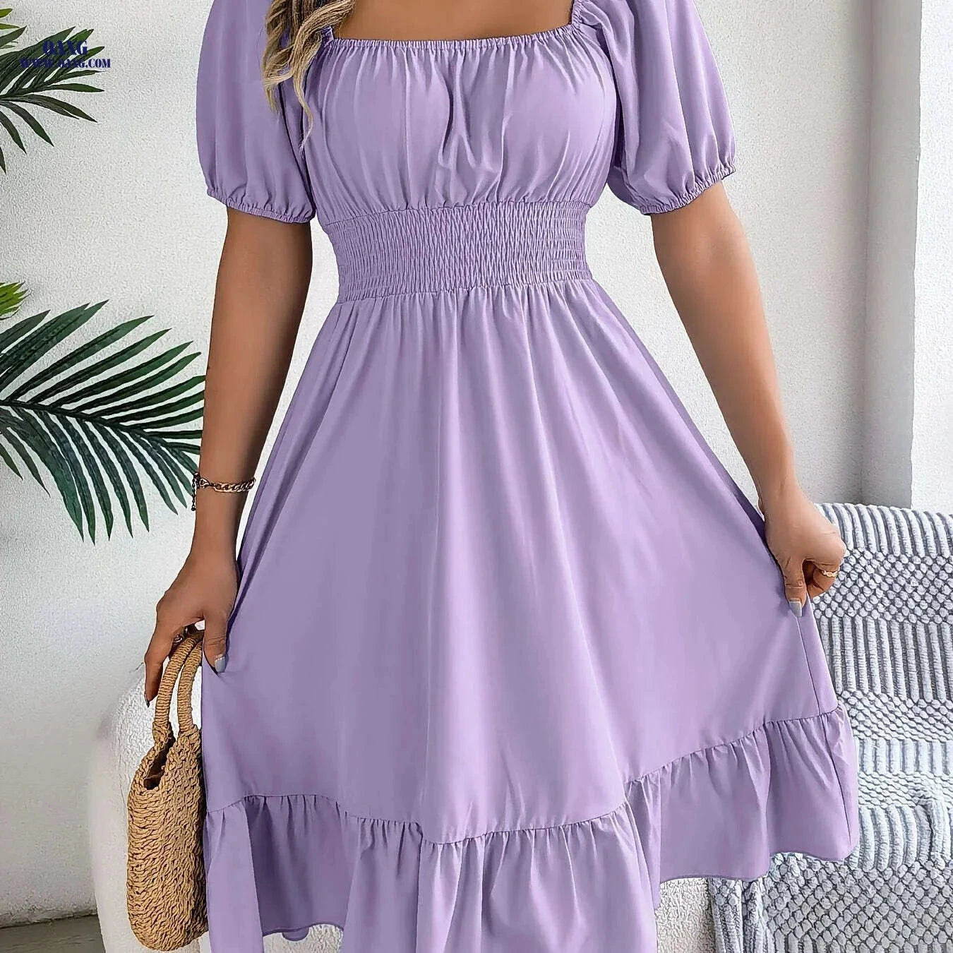 Spring A-Line Dress - Square Neck, Ruffle Design for Summer Style   OAXG Pink / S
