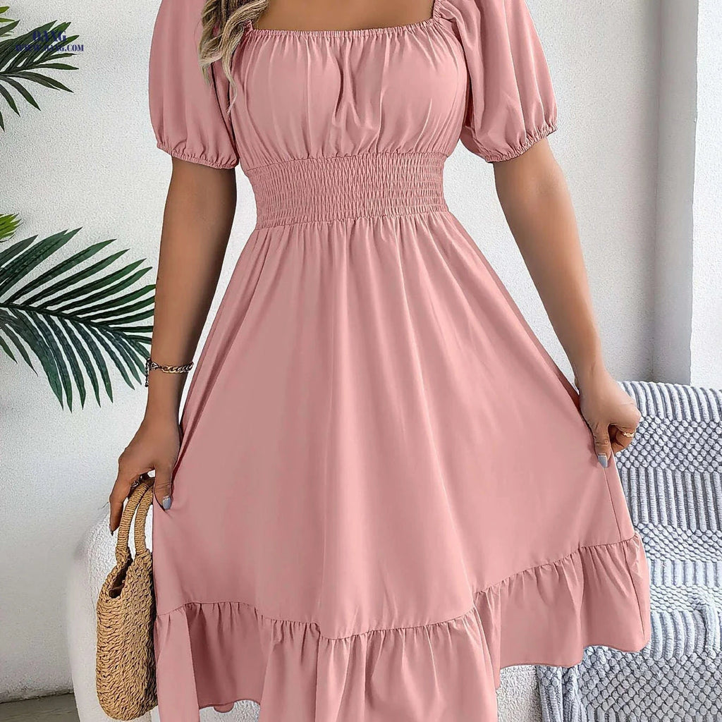 Spring A-Line Dress - Square Neck, Ruffle Design for Summer Style   OAXG Pink / S