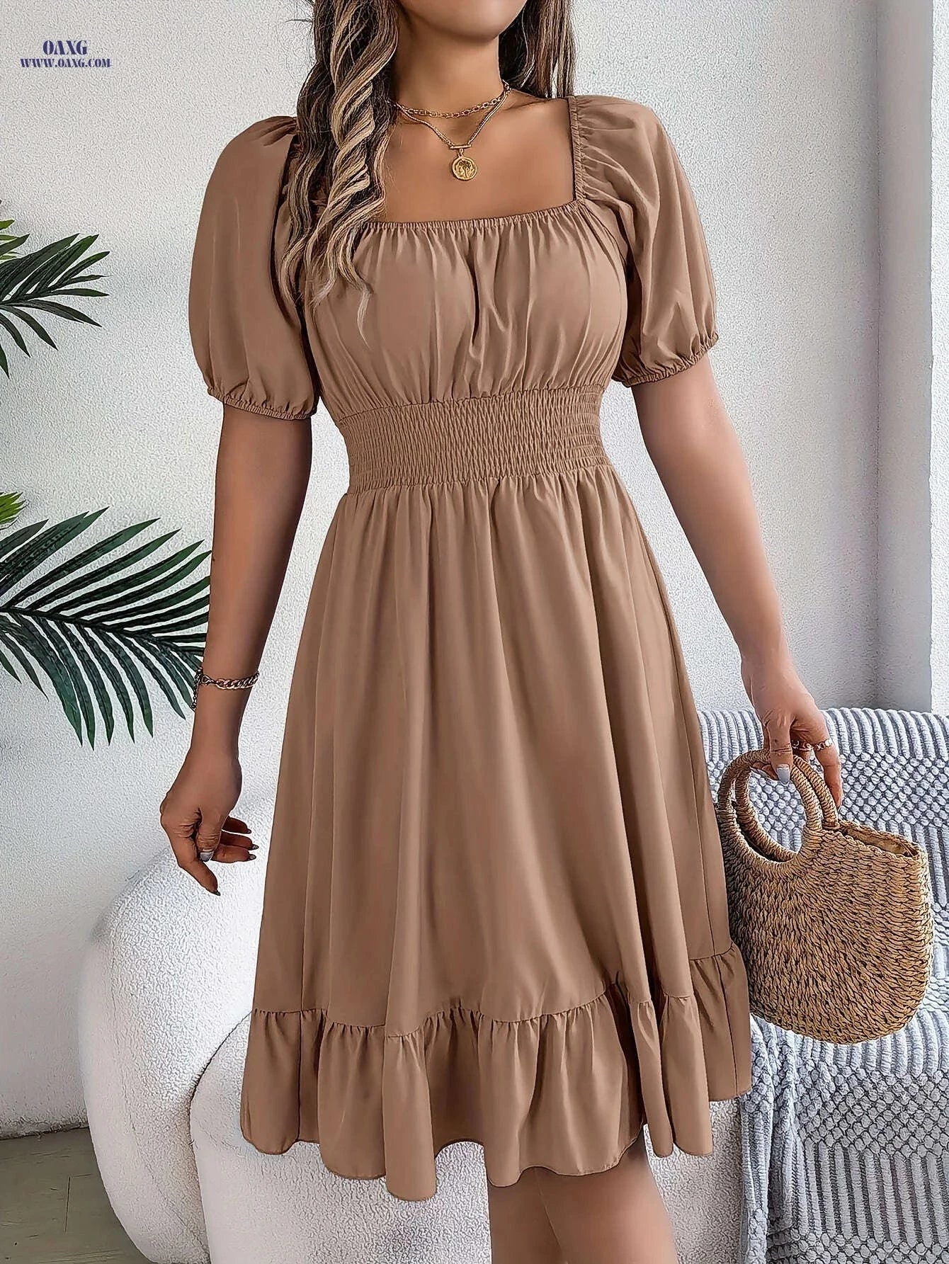 Spring A-Line Dress - Square Neck, Ruffle Design for Summer Style   OAXG 