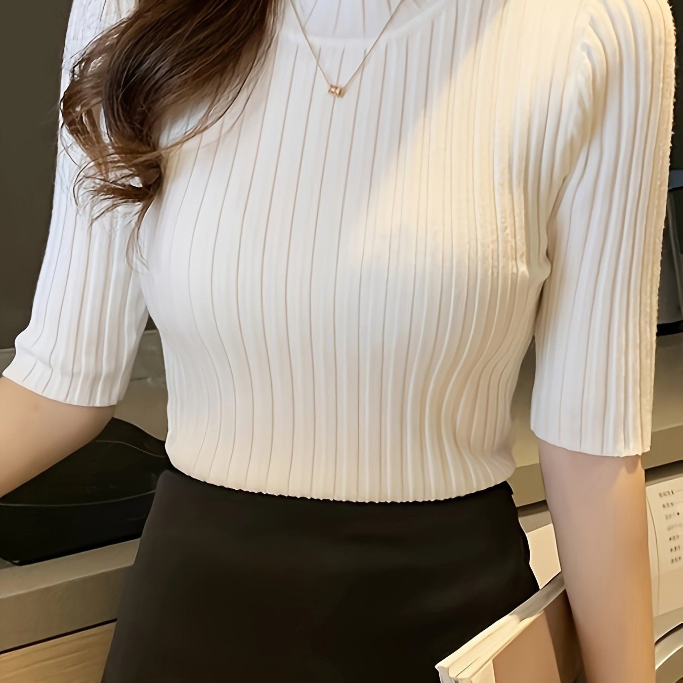 Spring And Autumn Half High Collar Slim Fit Mid-Sleeve T-Shirt Pullover Sweater Women'S Base Shirt Gentle Style Ribbed Top   OAXG Fuchsia / S