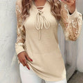 Spring and Autumn Women's V-Neck Long Sleeve Lace Patchwork Elegant Fashion T-Shirt Top with Neck Tie   OAXG Apricot / S
