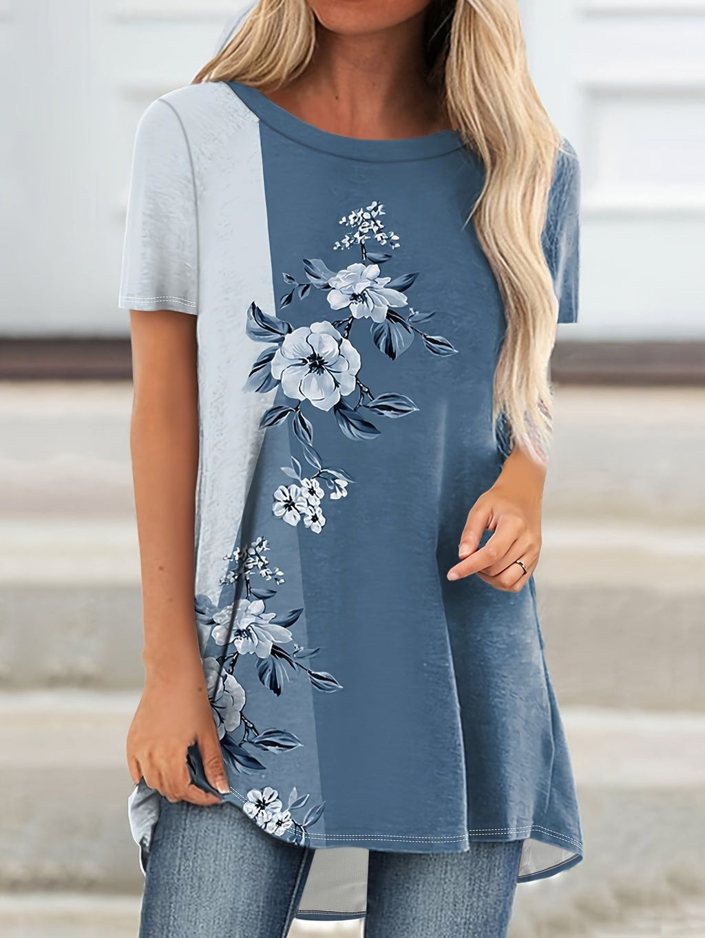 Spring And Summer Stylish Floral Print Vacation Short-Sleeve T-Shirt   OAXG Blue / S