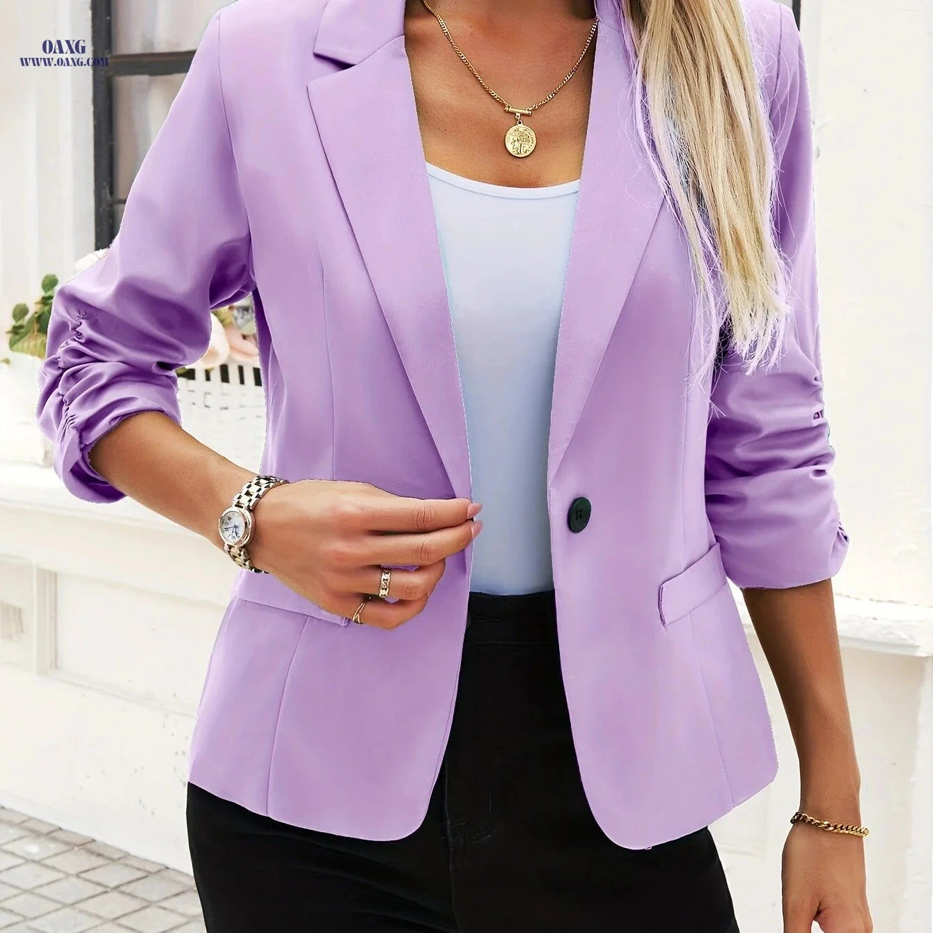 Spring & Autumn Casual Blazer - 100% Polyester, Versatile Style   OAXG 