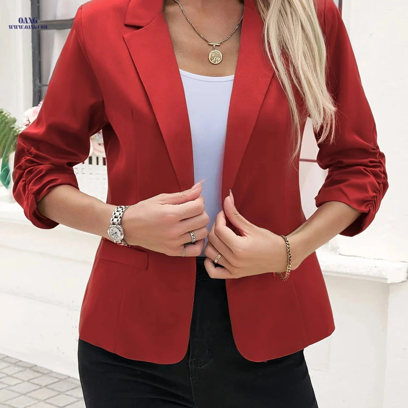 Spring & Autumn Casual Blazer - 100% Polyester, Versatile Style   OAXG 